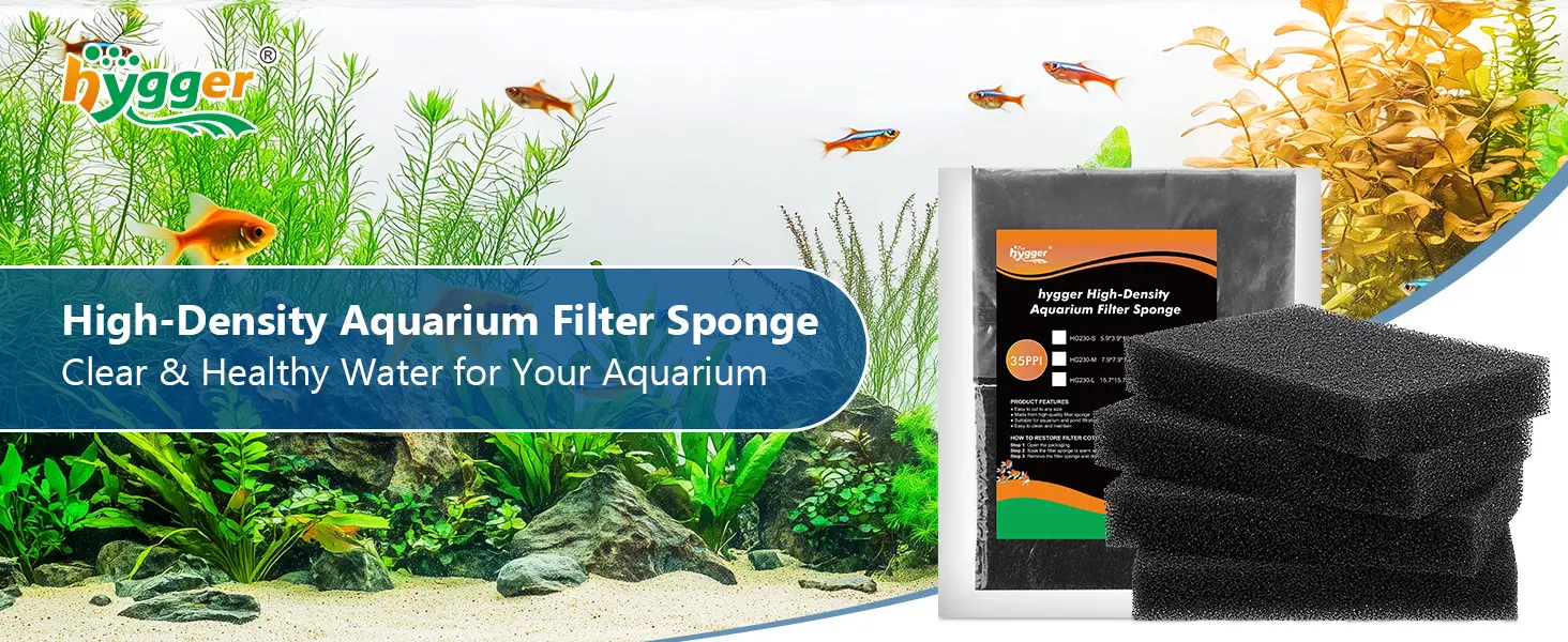Hygger High-Density Aquarium Filter Sponge for clear water, with fish and plants in background