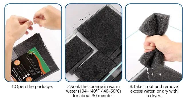 Step-by-step guide to using Hygger aquarium sponge: open package, soak in warm water, remove excess water or dry