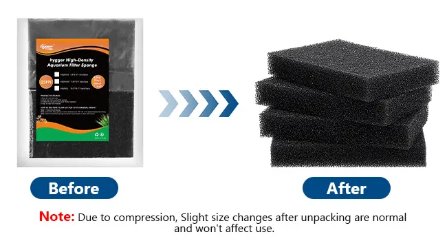 Hygger High-Density Aquarium Filter Sponge Before and After Unpacking Comparison
