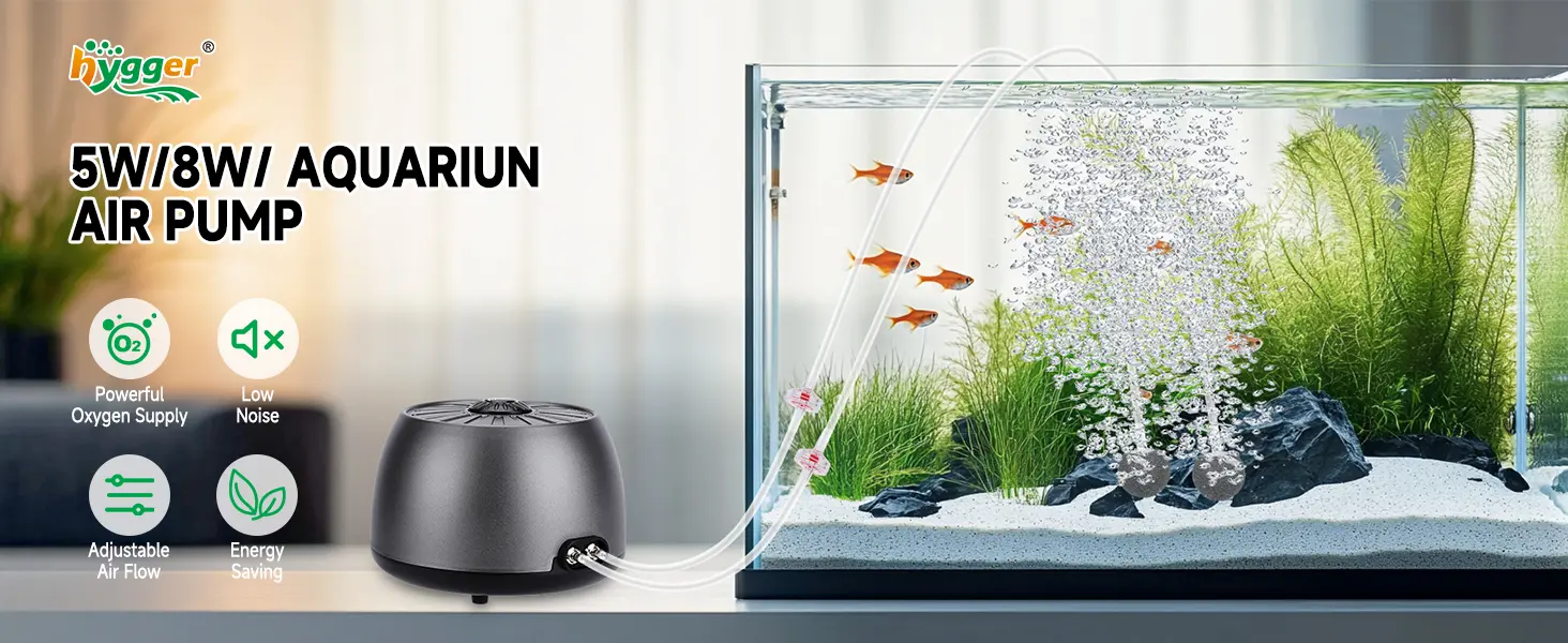 Hygger 5W/8W aquarium air pump with adjustable airflow, low noise, and powerful oxygen supply for fish tanks.