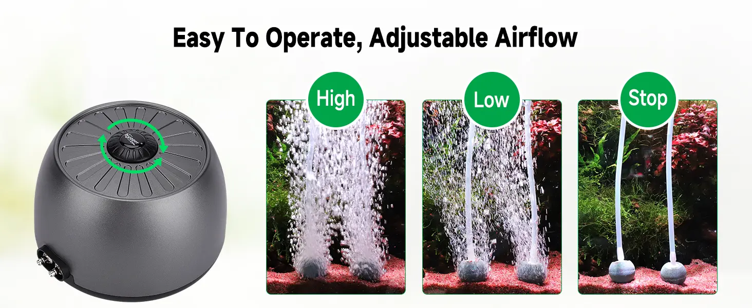 Hygger aquarium air pump with adjustable airflow settings: High, Low, and Stop modes for easy operation in fish tanks.