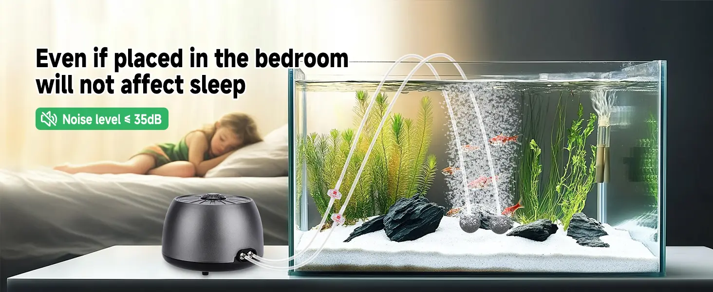 Hygger aquarium with low noise level ≤35dB, suitable for bedroom use, featuring fish, plants, and rocks