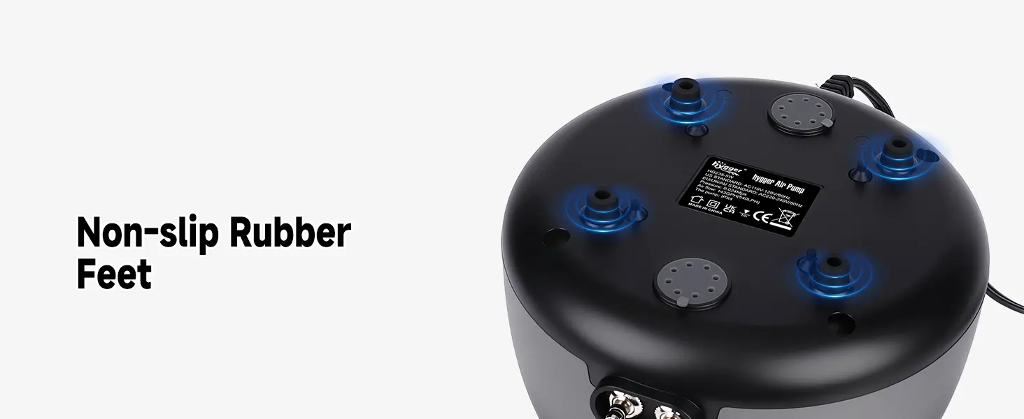 Close-up of Hygger Air Pump with non-slip rubber feet and blue LED indicators on a white background