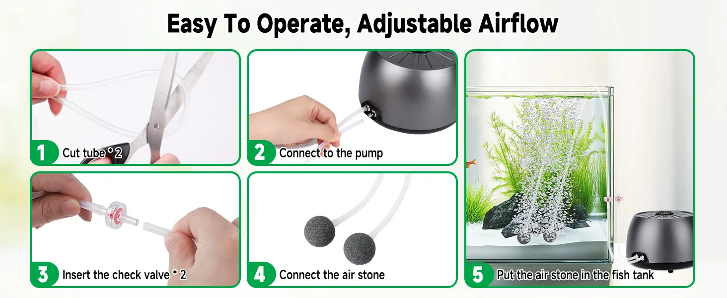 Step-by-step guide for setting up an aquarium air pump with adjustable airflow, showing cutting tubing, connecting to pump, i