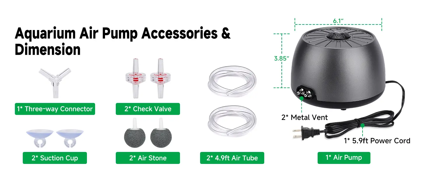 Aquarium air pump accessories set with three-way connector, check valves, suction cups, air stones, and tubing for aquarium s