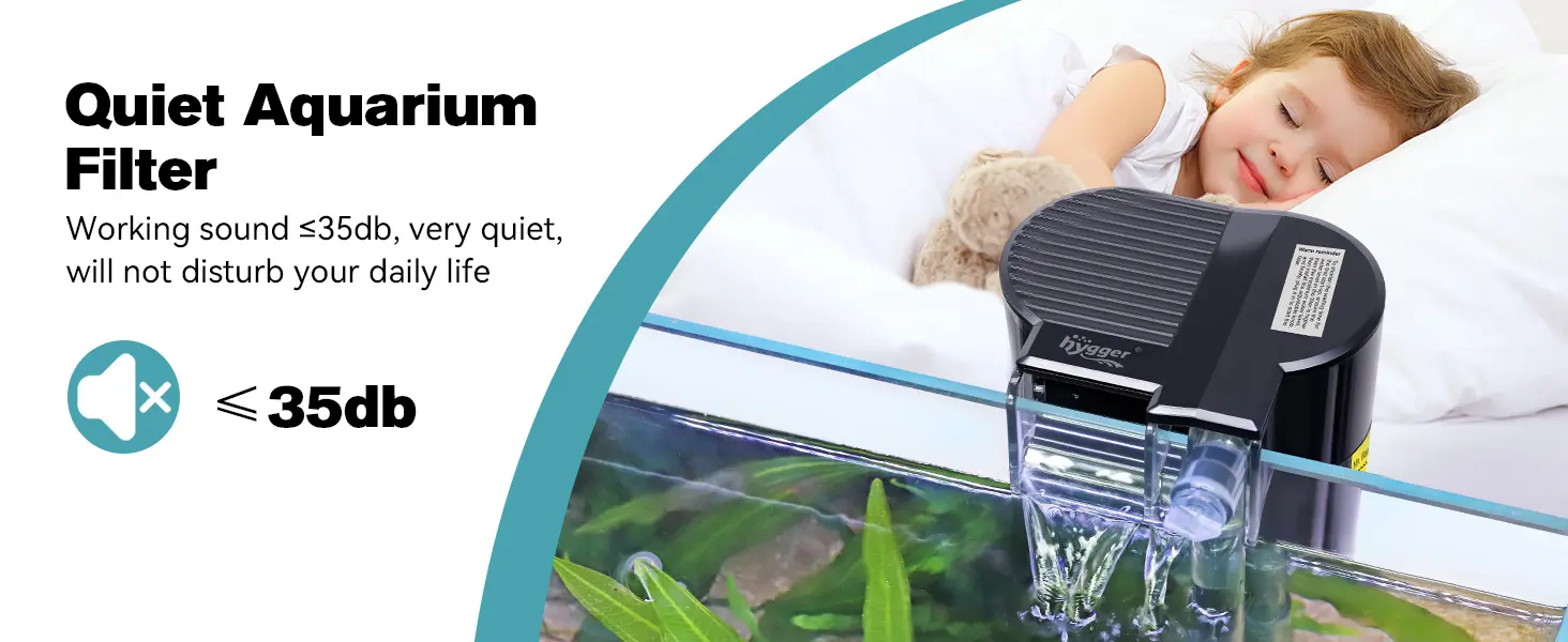 Hygger Quiet Aquarium Filter with ≤35dB noise level, ideal for peaceful home use