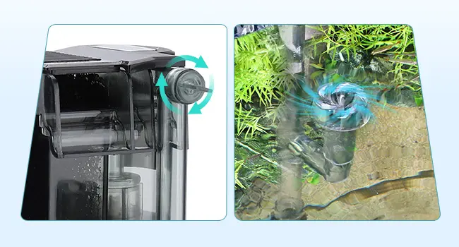 Hygger aquarium filter system with water circulation and cleaning mechanism shown in close-up and underwater views