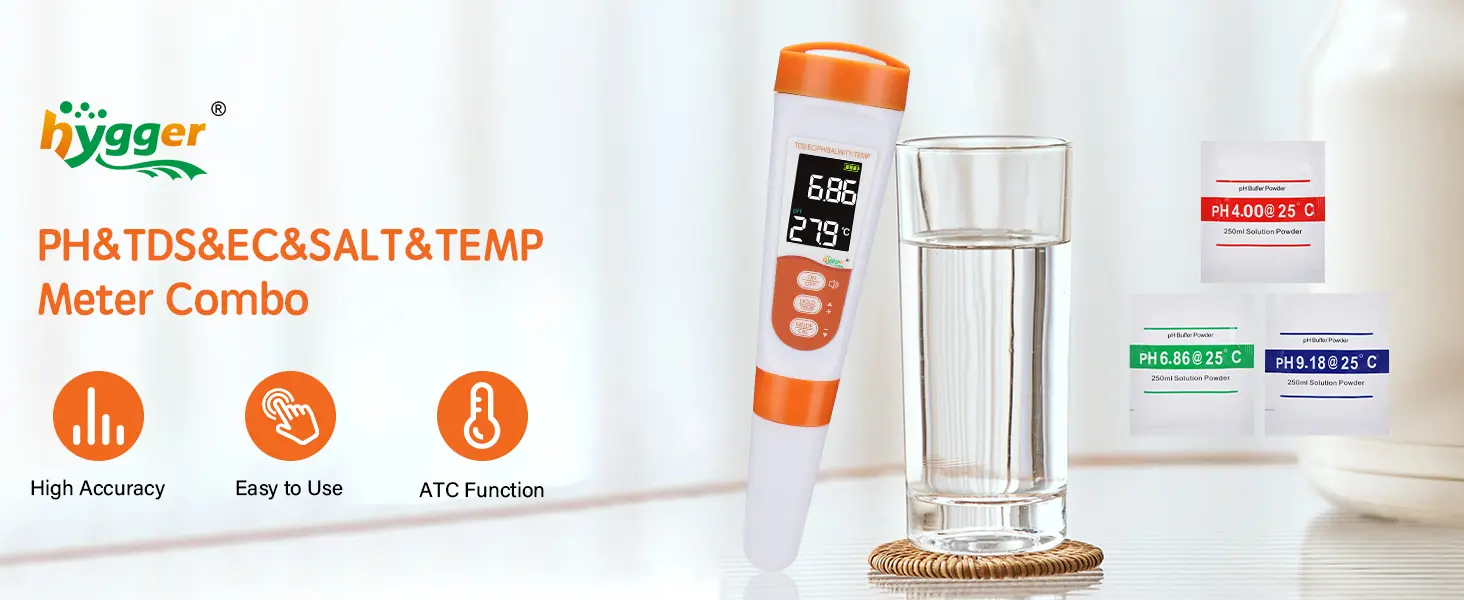Hygger PH&TDS&EC&Salt&Temp Meter Combo with digital display, orange accents, and calibration buffers for aquarium water testi