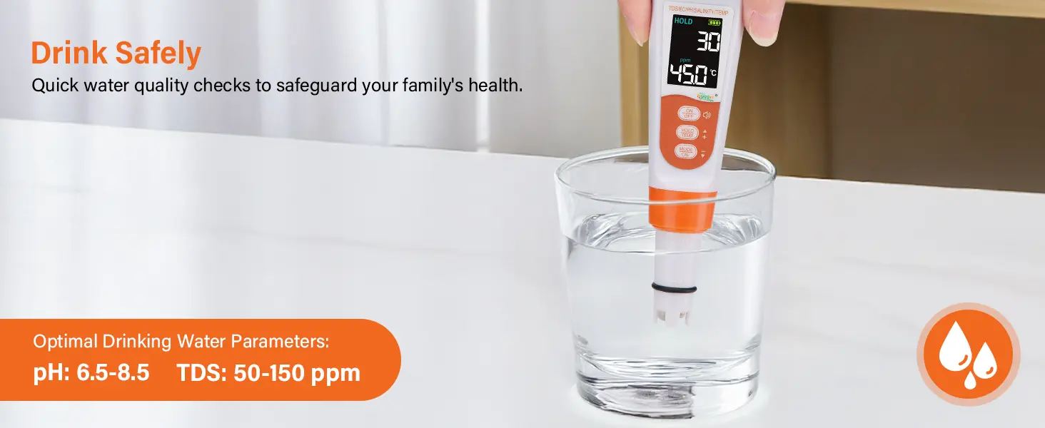 Digital water quality tester showing pH and TDS levels for safe drinking water, with optimal parameters displayed.