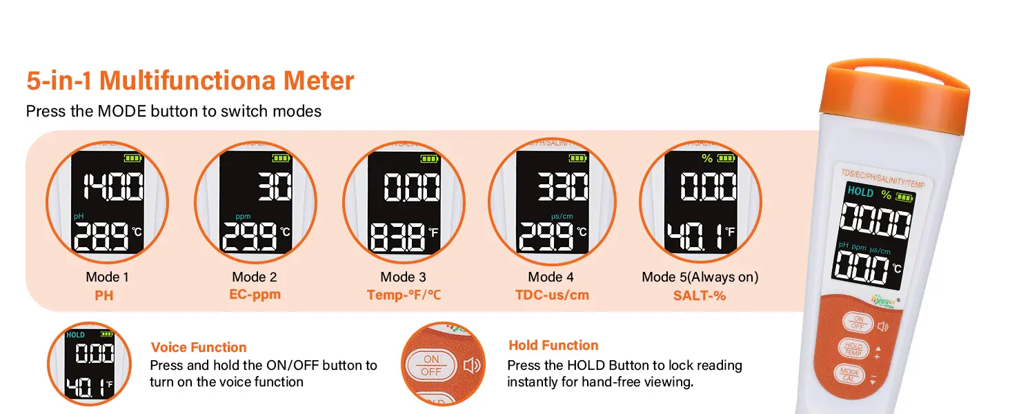 5-in-1 Multifunctional Aquarium Tester with PH, EC, Temp, TDS, and Salt Measurement
