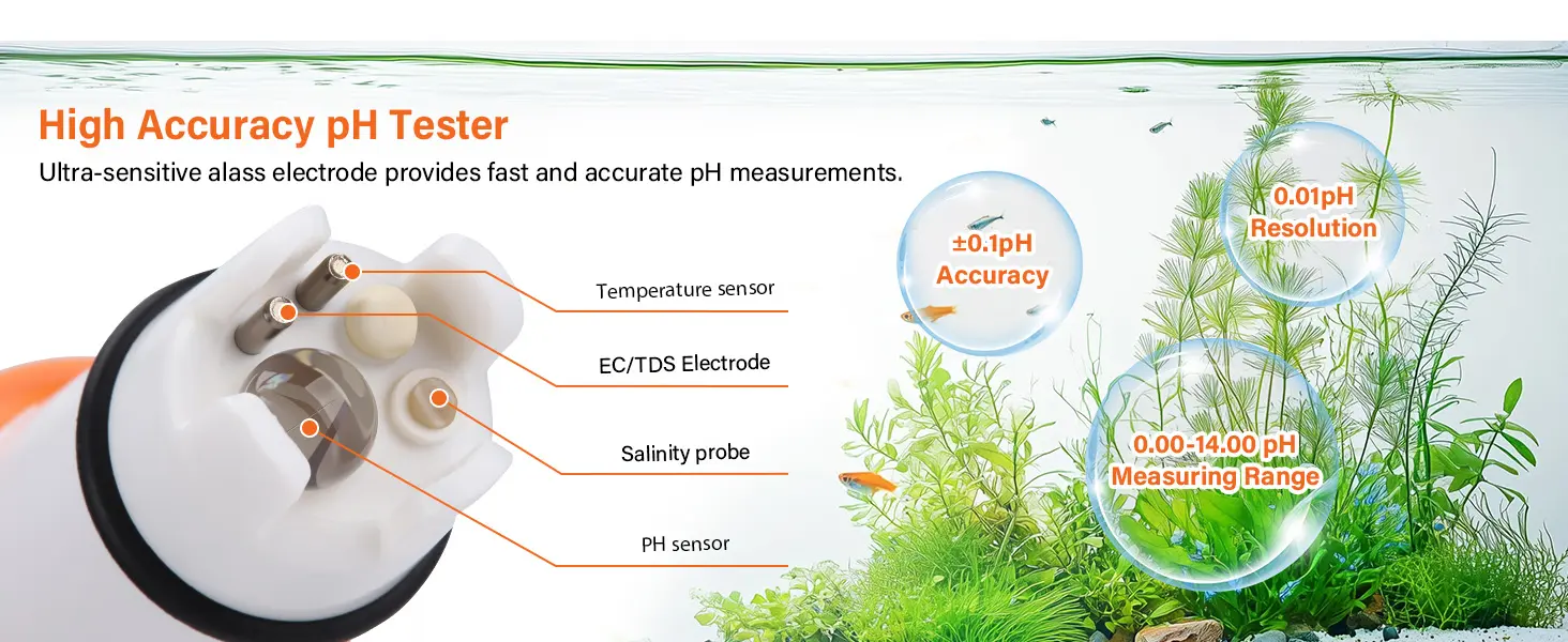 High accuracy pH tester for aquariums with ±0.1pH accuracy, 0.01pH resolution, and 0.00-14.00 pH measuring range.