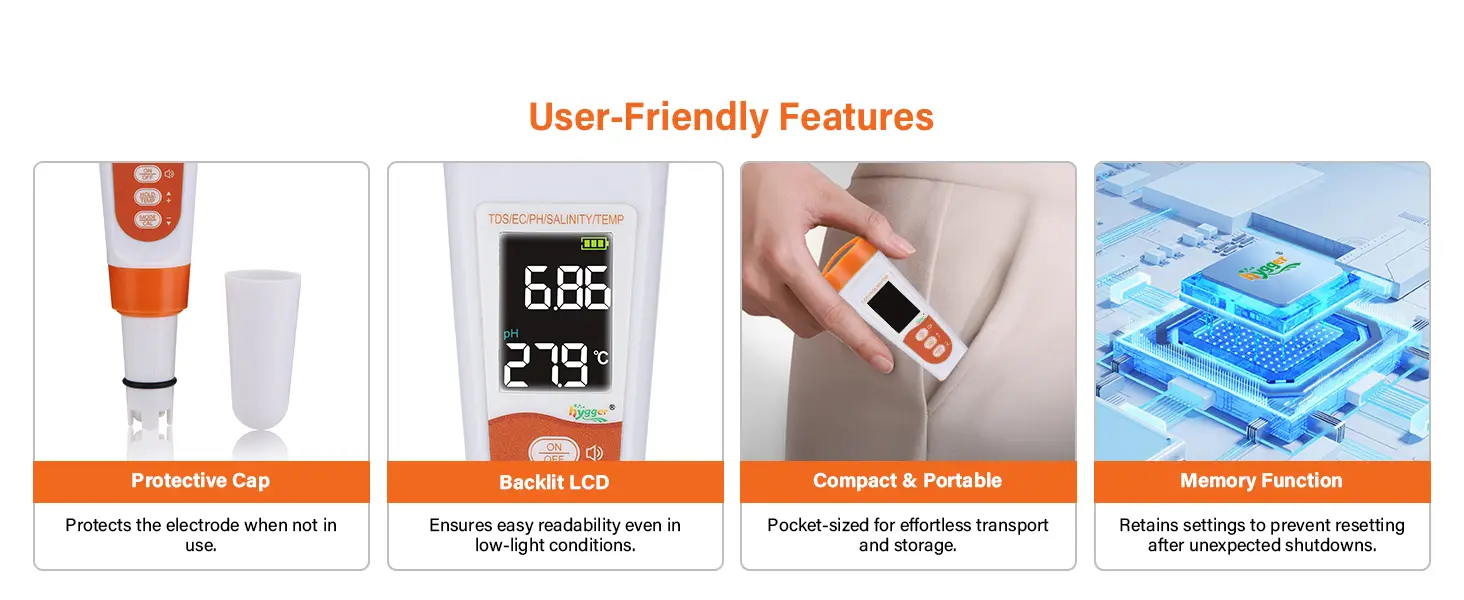 Hygger aquarium water tester with protective cap, backlit LCD, compact design, and memory function for easy fish tank monitor