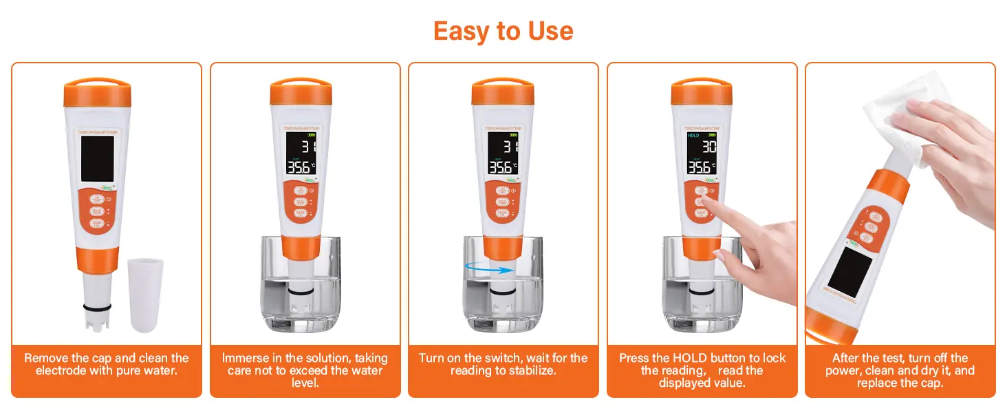 Step-by-step guide for using hygger aquarium thermometer: clean, immerse, power on, hold reading, clean and dry.