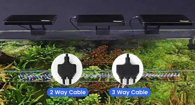 Hygger aquarium LED lights with 2-way and 3-way cable options for aquarium setups, showcasing underwater plants and fish.