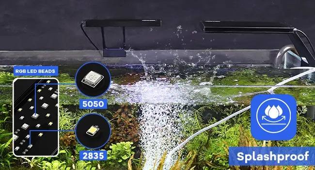 Hygger aquarium LED lighting system with RGB beads, 5050 and 2835 LEDs, splashproof design for aquatic plants and fish tanks
