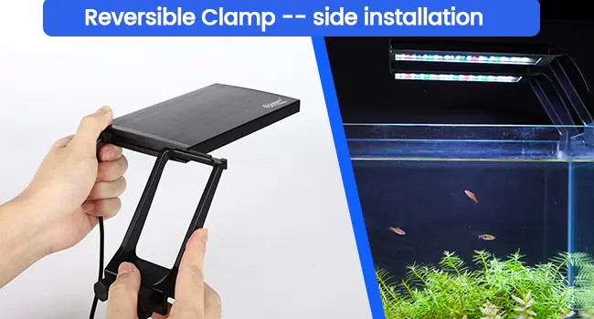 Reversible clamp for aquarium LED light side installation with hands holding device and fish tank example