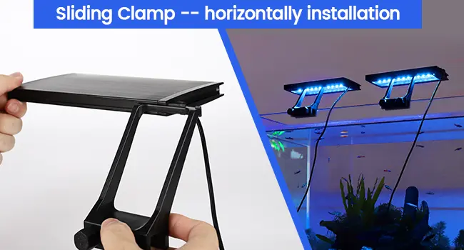 Sliding clamp for horizontal aquarium lighting installation, shown with hands holding device and aquarium setup with LED ligh