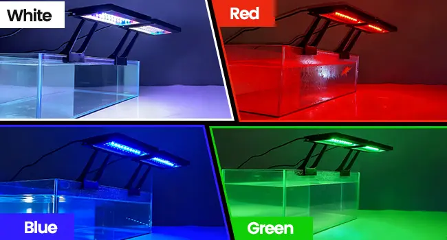 Hygger LED aquarium lights in white, red, blue, and green colors for fish tanks, showcasing vibrant lighting options for aqua