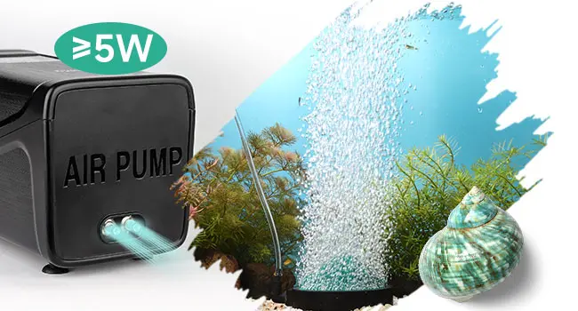 Hygger aquarium air pump with >5W power, creating bubbles in a planted tank with aquatic plants and a snail.