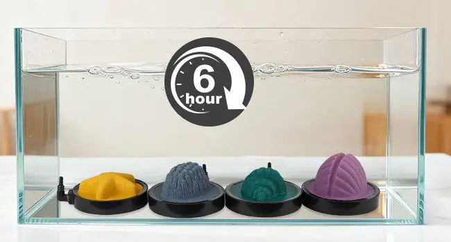 Hygger aquarium with four colorful silicone fish-shaped decorations submerged in water, labeled '6 hour' for water quality ma