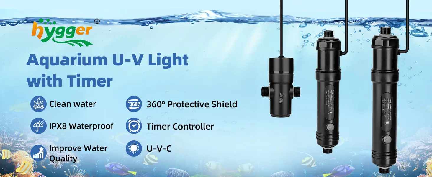 Hygger Aquarium U-V Light with Timer for clean water, IPX8 waterproof, 360° shield, and U-V-C technology in aquarium setting