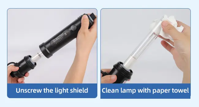 Step-by-step guide: Unscrewing light shield and cleaning lamp with paper towel for aquarium maintenance