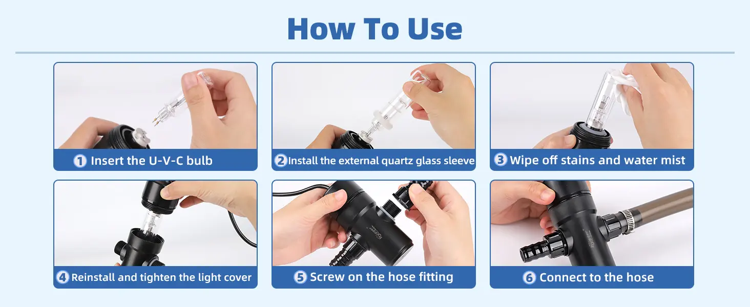 Step-by-step guide for installing a UV-C bulb in an aquarium system with clear instructions and numbered steps.
