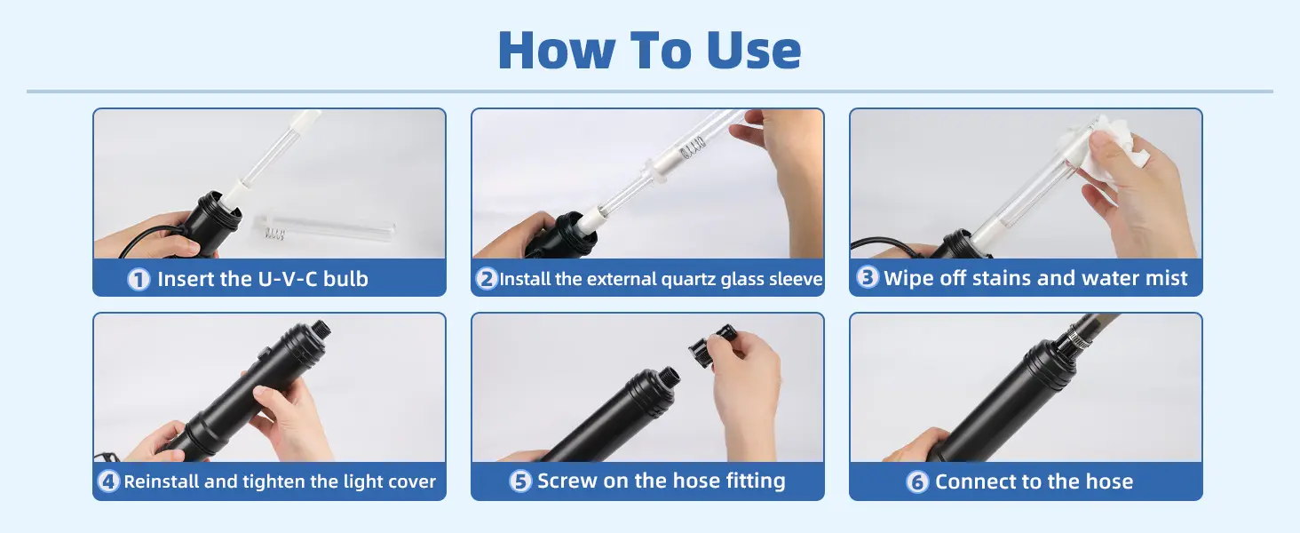 Step-by-step guide for installing a UV-C bulb in an aquarium cleaner with six numbered instructions.