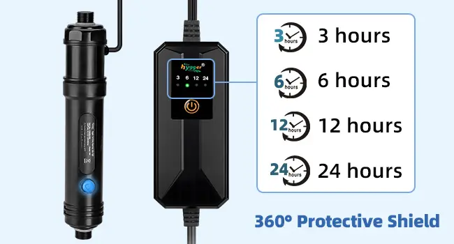 Hygger aquarium water pump with 3/6/12/24-hour timer and 360° protective shield for fish tank maintenance