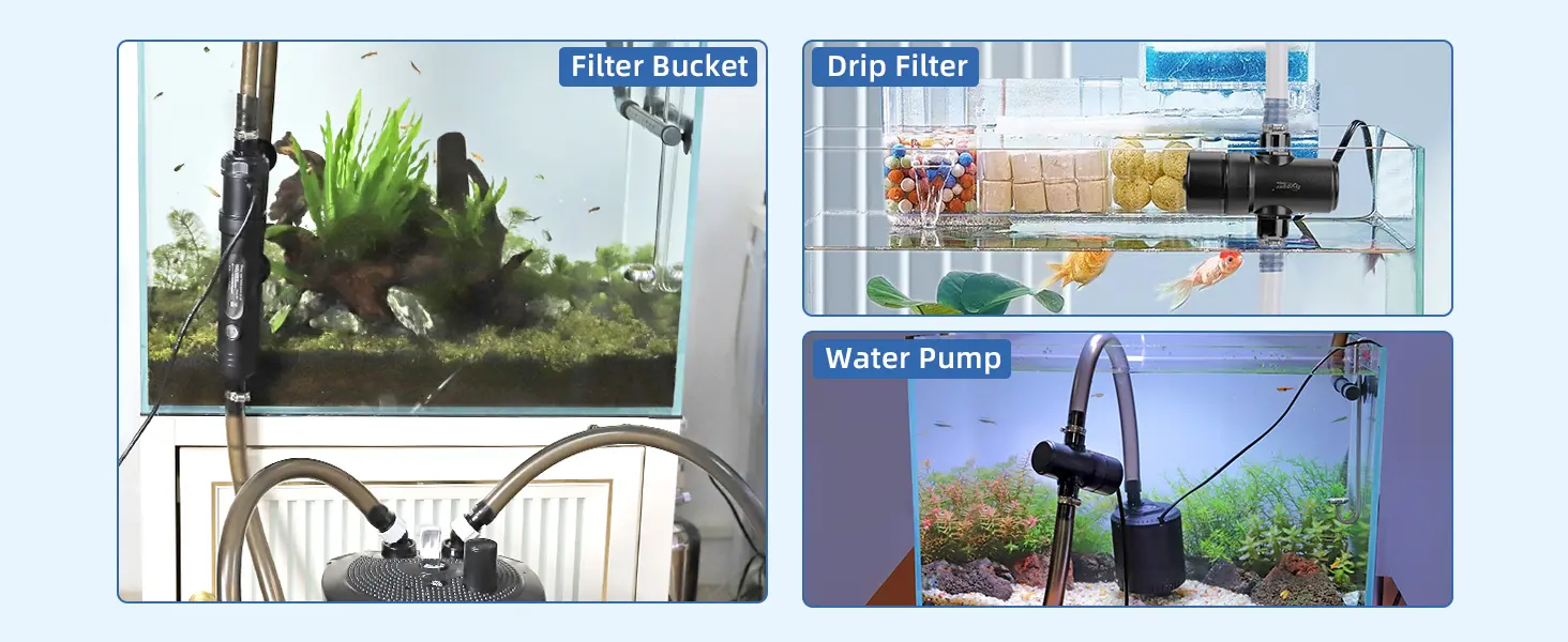 Hygger aquarium filter system components: Filter Bucket, Drip Filter, and Water Pump for aquarium maintenance.