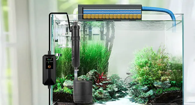 Hygger aquarium with LED lighting, water pump, and lush aquatic plants for a thriving ecosystem.