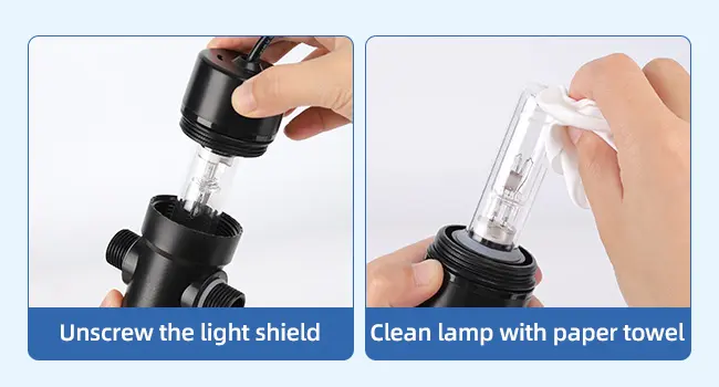 Step-by-step guide: unscrewing light shield and cleaning lamp with paper towel for aquarium maintenance
