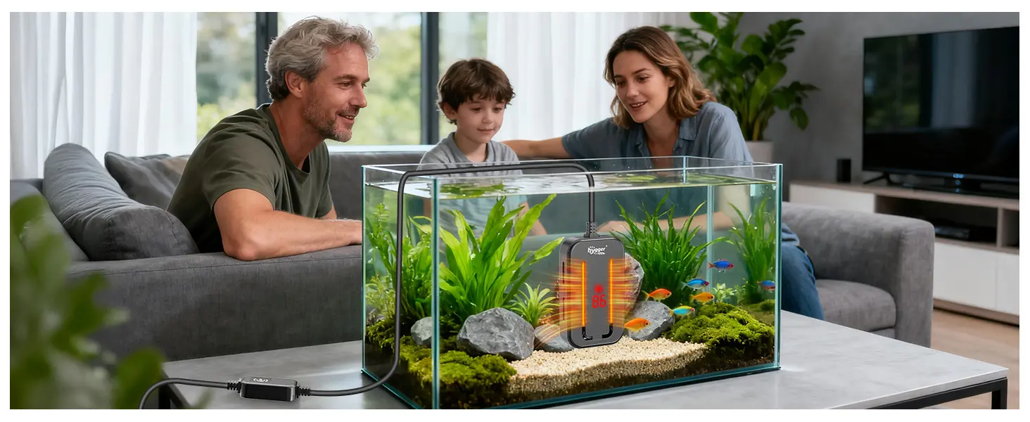 Family enjoying a modern hygger aquarium with LED lighting and fish, showcasing smart aquarium technology in a cozy living ro
