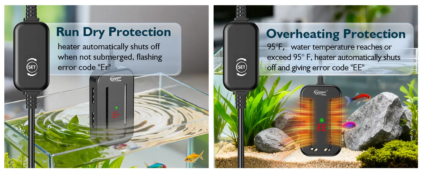 Hygger aquarium heater with Run Dry Protection and Overheating Protection features, displaying error codes 'Er' and 'EE' for