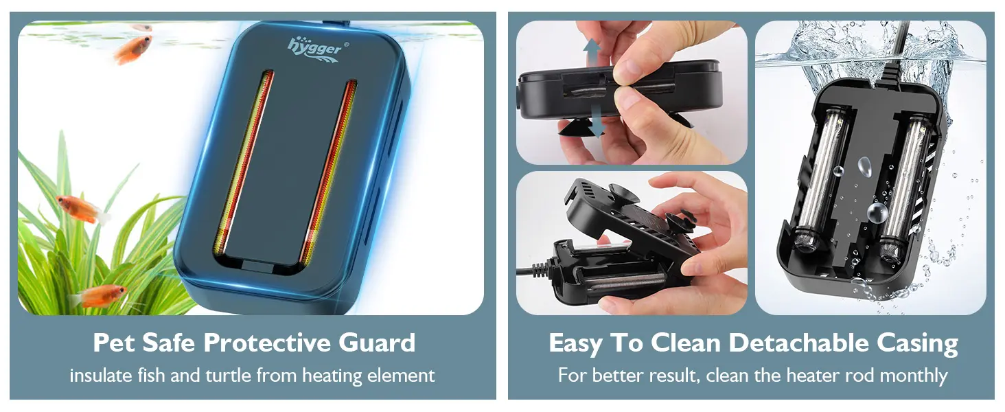 Hygger aquarium heater with pet-safe protective guard and detachable casing for easy cleaning, shown with fish and water.