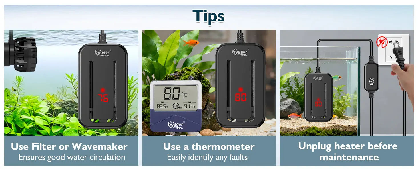 Hygger aquarium heater tips: use filter, thermometer, and unplug before maintenance for optimal tank care