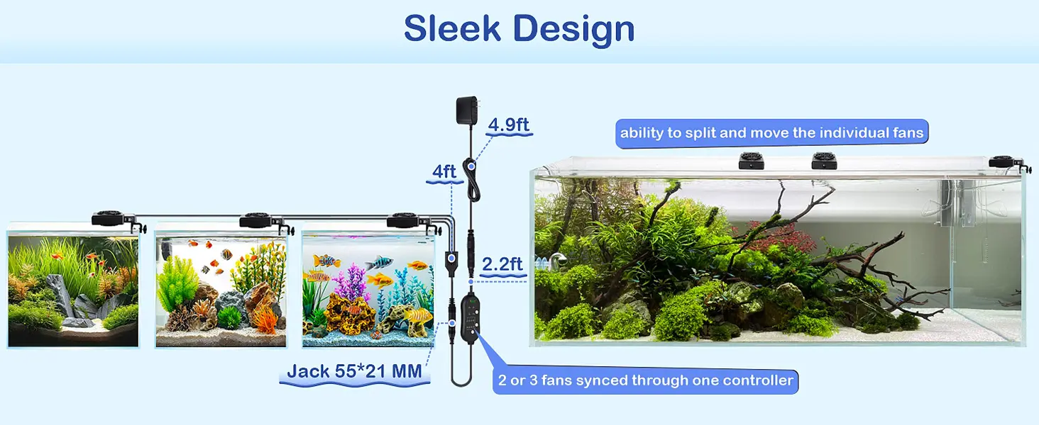 Hygger aquarium with sleek design, 2-3 fans synced via controller, 4.9ft length, Jack 55*21 MM, ability to split and move ind