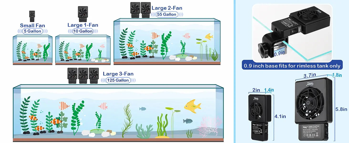 Hygger aquarium fans for 5-125 gallon tanks with 1-3 fans, showing tank setups and fan dimensions
