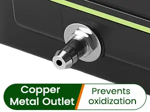 Close-up of Hygger aquarium's copper metal outlet with green accent, preventing oxidation for water quality.