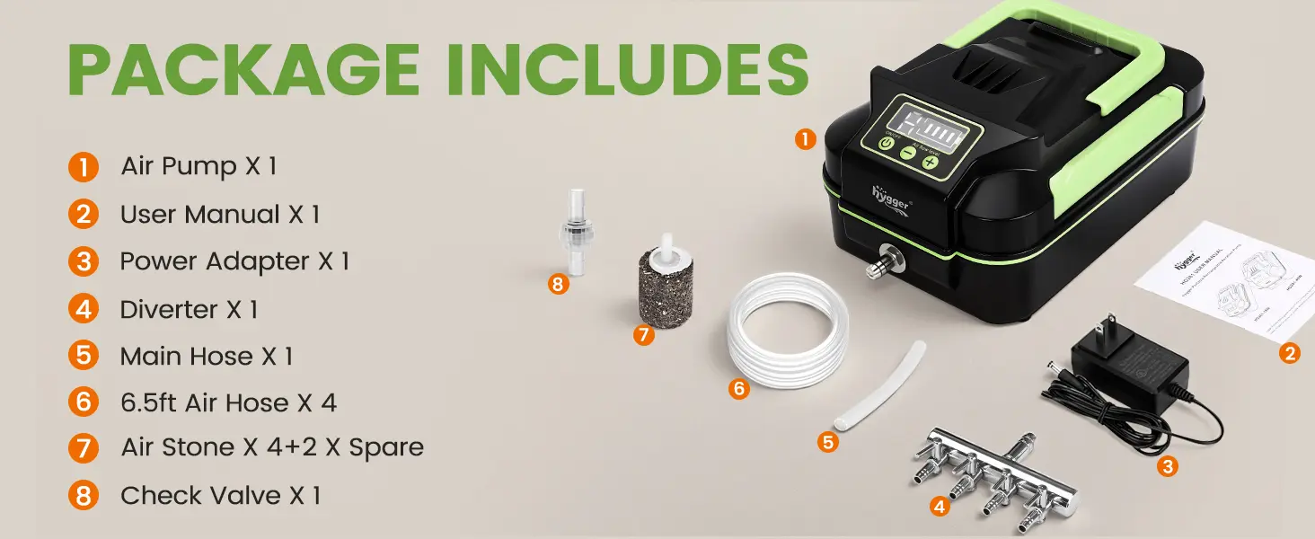 Hygger aquarium air pump package contents: air pump, manual, power adapter, diverter, main hose, air hoses, air stones, check