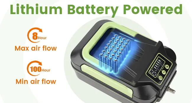 Lithium battery-powered aquarium air pump with 8-hour max and 100-hour min air flow settings