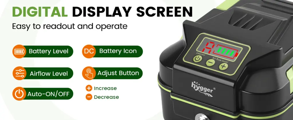 Digital display screen of hygger aquarium with battery level, airflow level, and auto-on/off controls for easy operation