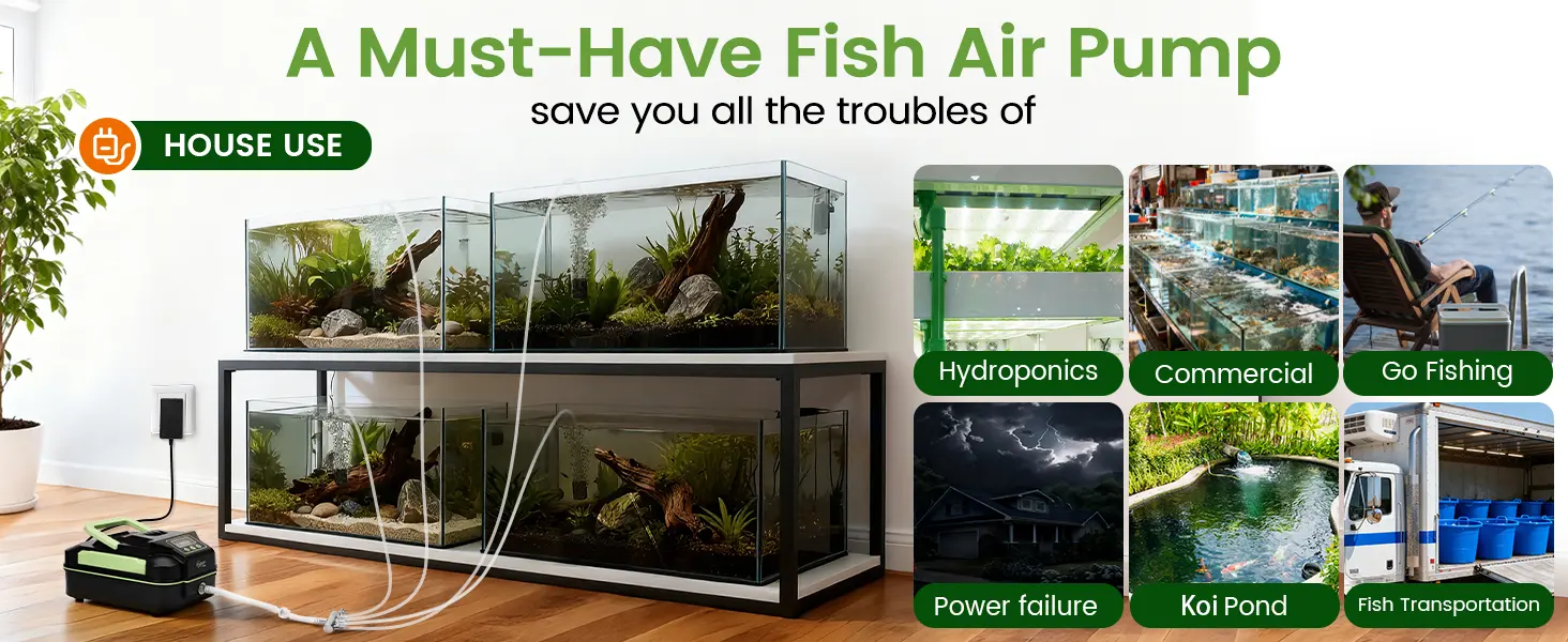 A Must-Have Fish Air Pump for House Use, saving troubles of Hydropics, Commercial, Go Fishing, Power failure, Koi Pond, Fish