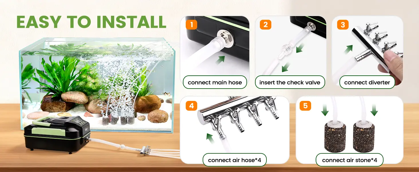 Step-by-step guide to install hygger aquarium air pump with main hose, check valve, diverter, air hoses, and air stones for e