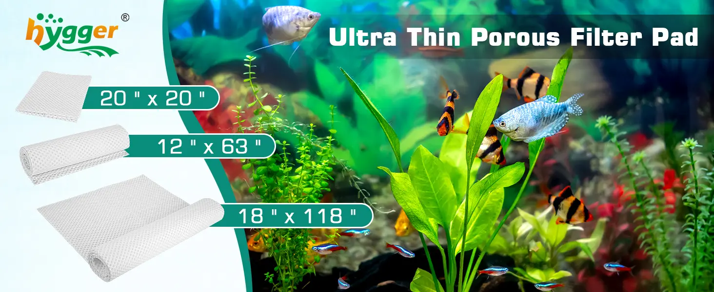Hygger Ultra Thin Porous Filter Pads for aquariums in 20x20, 12x63, and 18x118 inch sizes with fish and plants in background