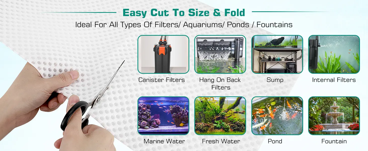 Easy-cut filter media for aquariums, ponds, and fountains. Cut to size & fold for canister, hang-on-back, sump, and internal