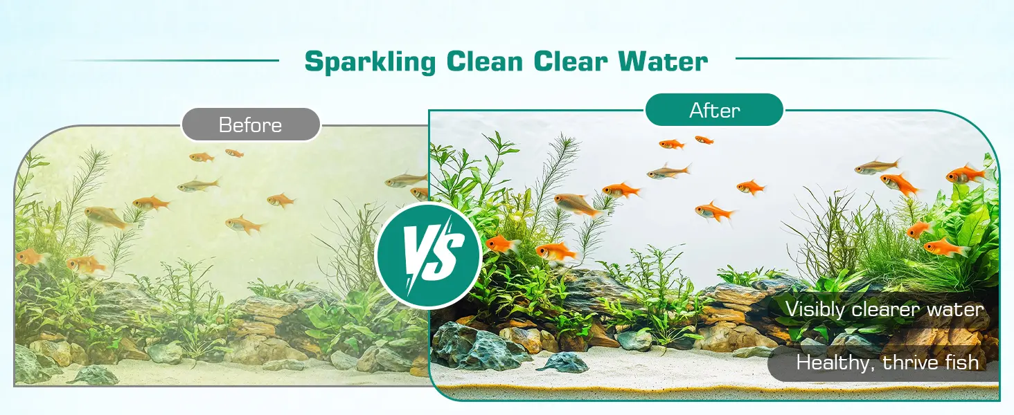 Before and after comparison of aquarium water clarity with Hygger product, showing sparkling clean water and healthy fish