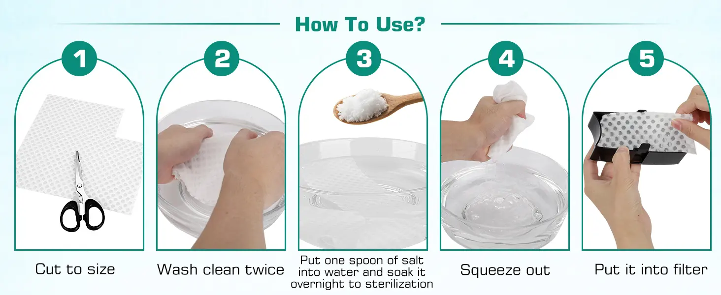 Step-by-step guide for using hygger aquarium filter pads: cut, wash, salt-soak, squeeze, and filter.