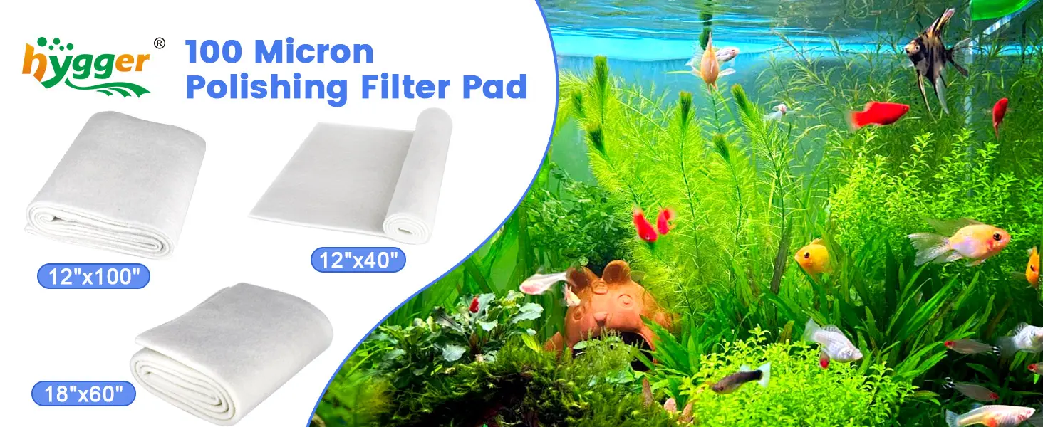 Hygger 100 Micron Polishing Filter Pads for aquariums, showing 12x100, 12x40, and 18x60 sizes with fish tank background