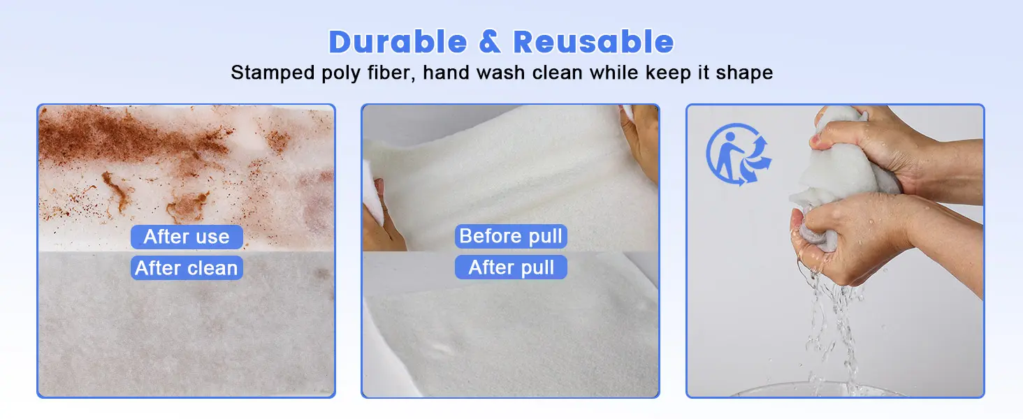 Durable reusable aquarium cleaning pad with stamped poly fiber, hand wash clean while keeping shape. Before/after use and pul